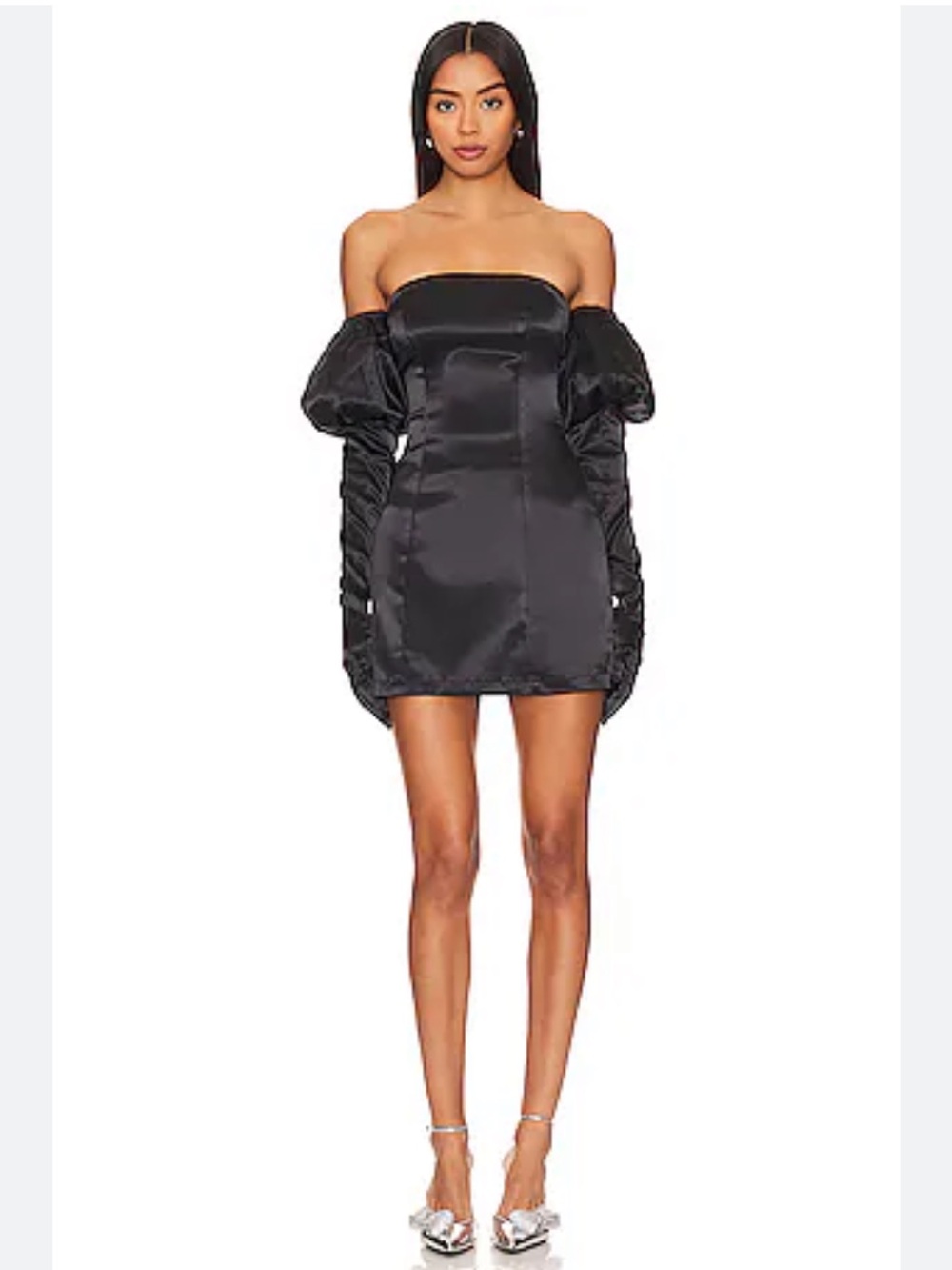 REVOLVE More to Come Strapless Dress - Small (black satin dress with gloves)